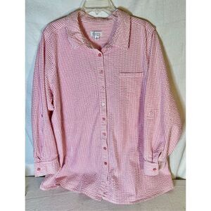 Denim & Co. Stretch Seersucker Long Sleeve Top Pink/White Stripe 2XL